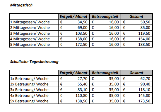 Gebühren Nachmittagsbetreuung Mittagstisch 2026